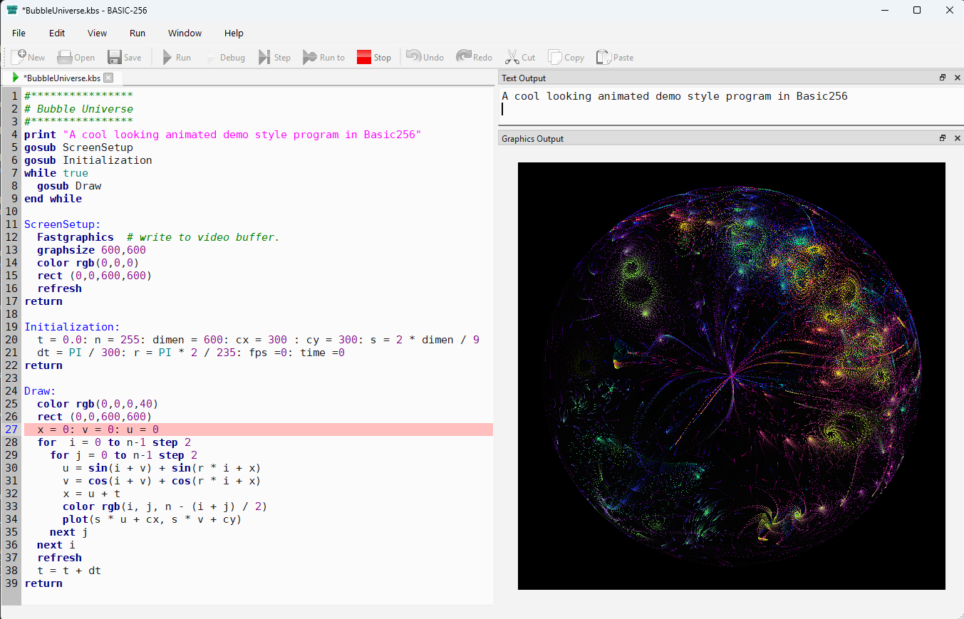 The BASIC256 desktop IDE on Windows running the same Bubble Universe demo, with the syntax-highlighted source on the left and the Text Output and Graphics Output panes on the right