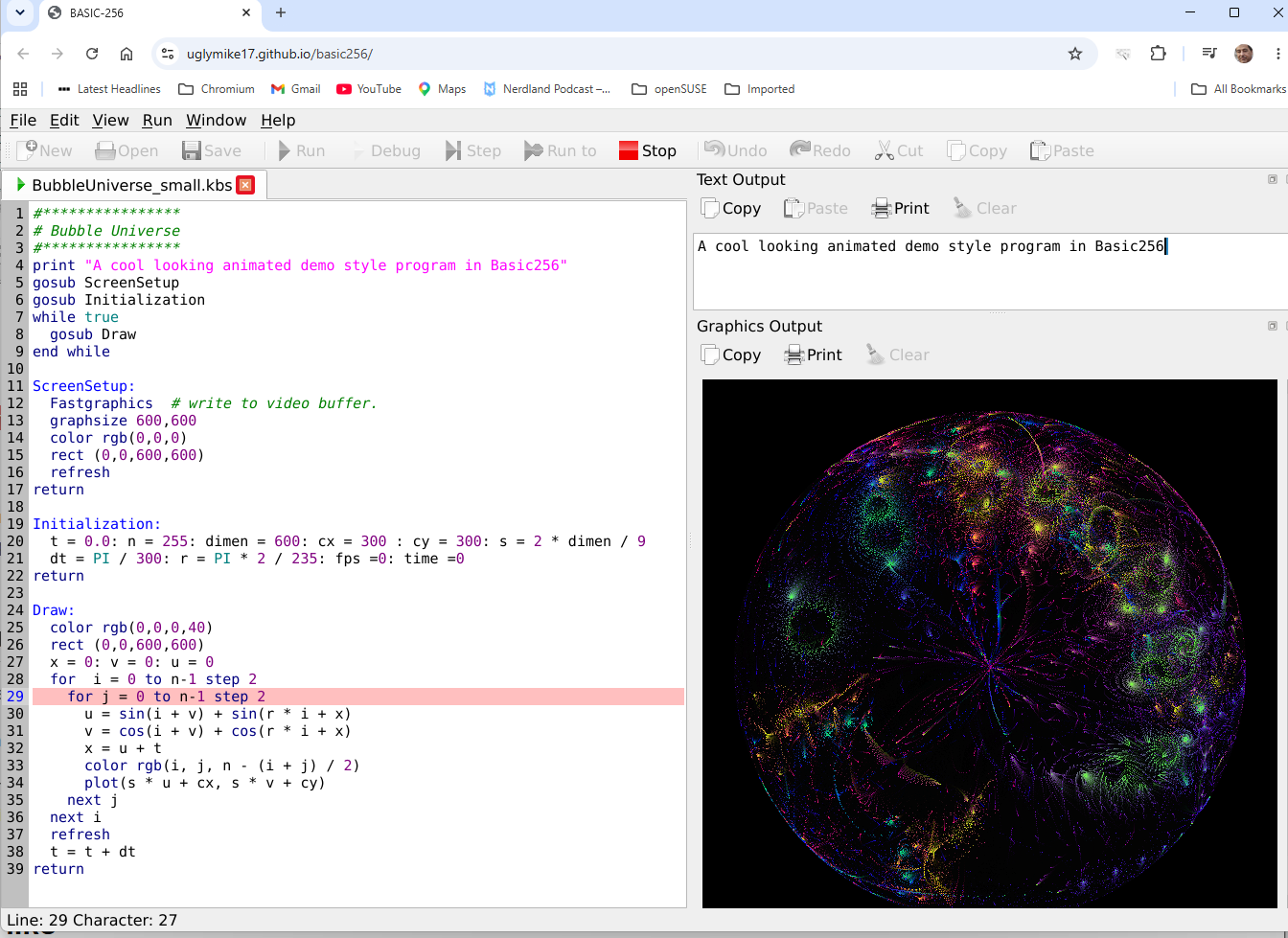 The Bubble Universe demo running in the browser IDE: its source in the editor on the left, the program's "A cool looking animated demo style program in Basic256" line in Text Output, and a dense multicoloured sphere of plotted points in Graphics Output