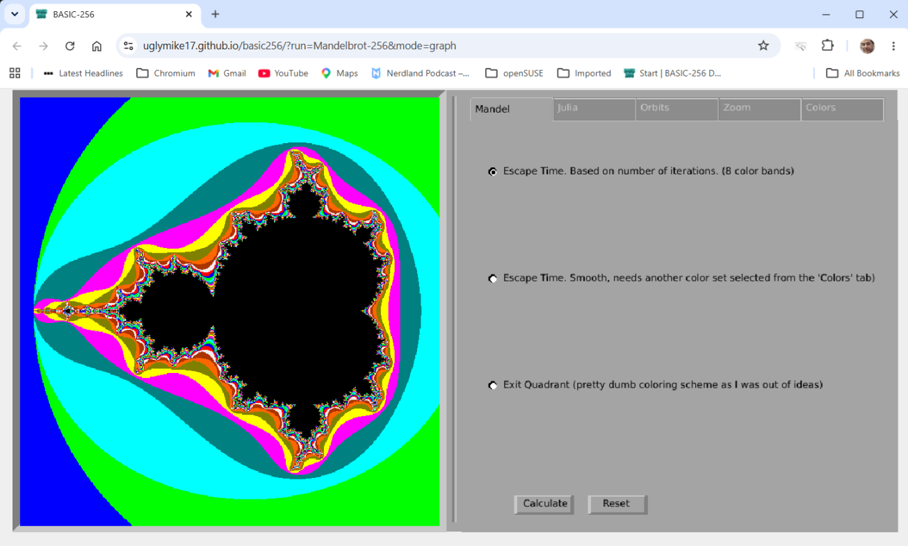 The Mandelbrot-256 demo in graphics-only mode: no BASIC256 menus or toolbars, just the program's own window with a colour-banded Mandelbrot set on the left and its Mandel/Julia/Orbits/Zoom/Colors option tabs on the right