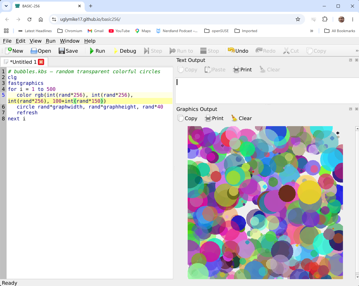 The bubbles program typed into the BASIC256 editor in a browser tab, with its result in the Graphics Output pane on the right: hundreds of overlapping translucent circles in random colours and sizes filling the canvas